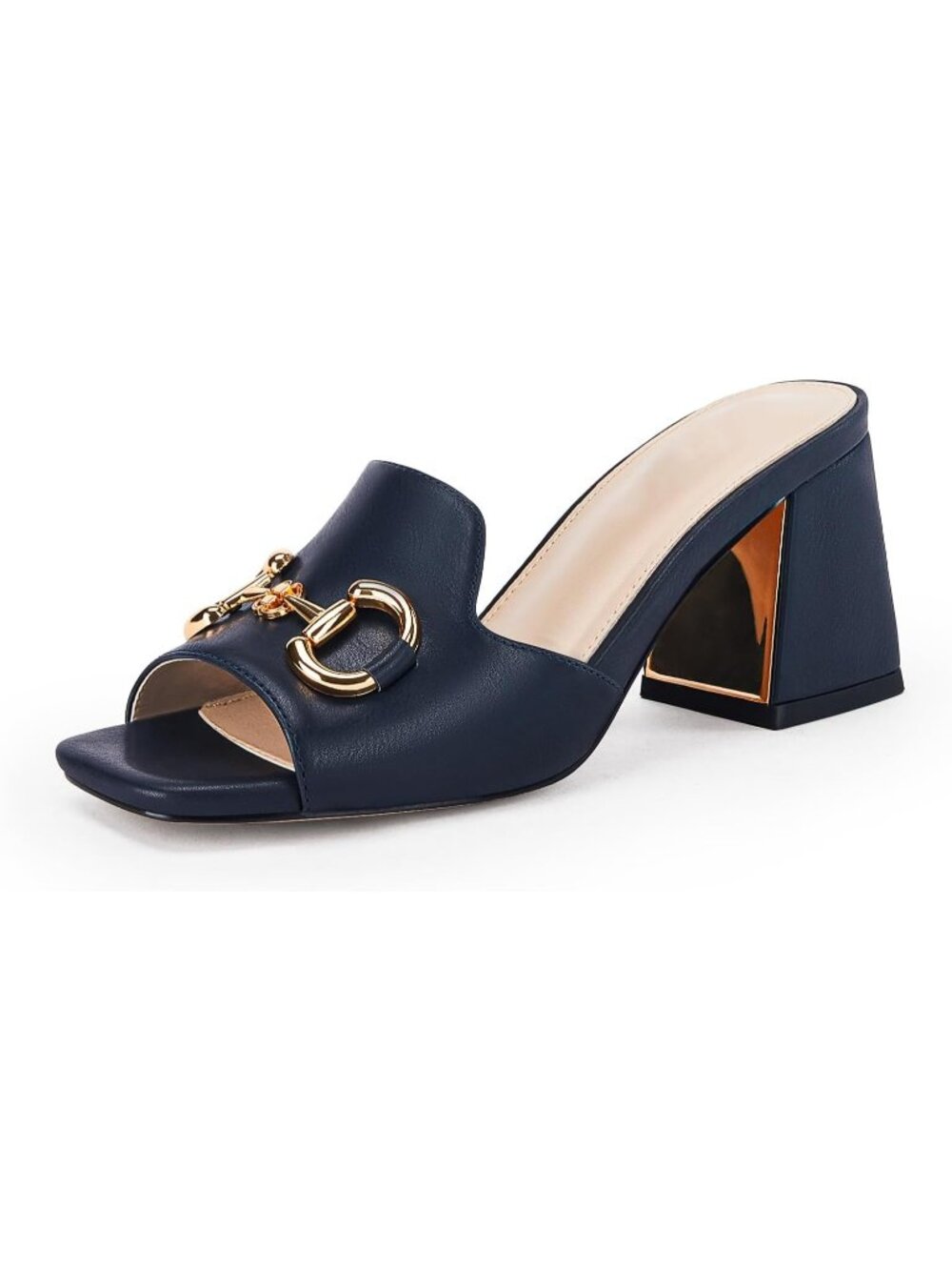 Women's Navy Mules Single Band Comfort Slip-on Shoes Metal Chain Chunky Heel
